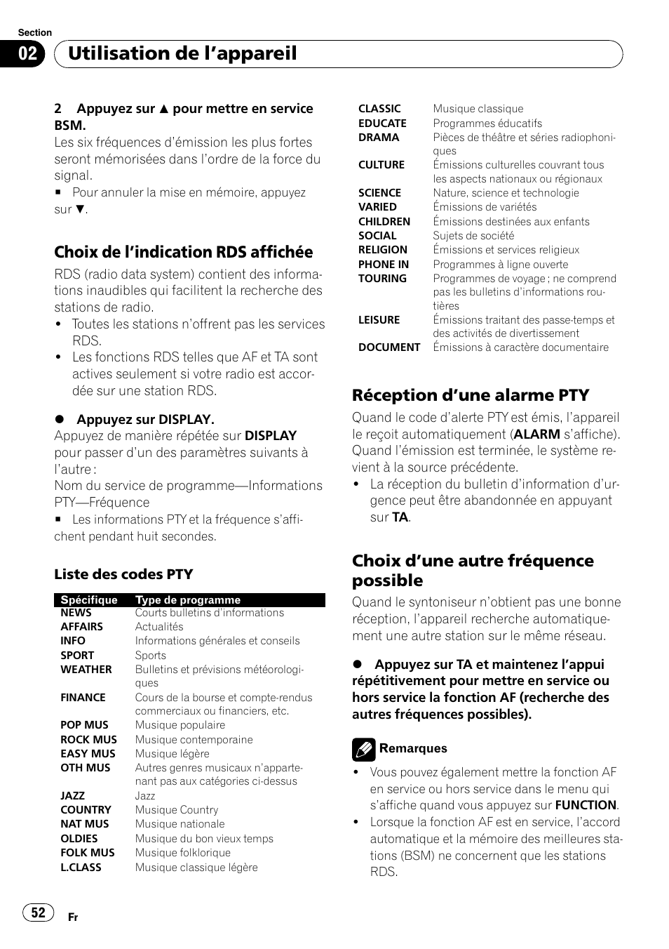 Choix de l’indication rds affichée 52, Réception d’une alarme pty 52, Choix d’une autre fréquence | Possible, Utilisation de l ’appareil, Choix de l ’indication rds affichée, Réception d ’une alarme pty, Choix d ’une autre fréquence possible | Pioneer DEH-1000E User Manual | Page 52 / 107