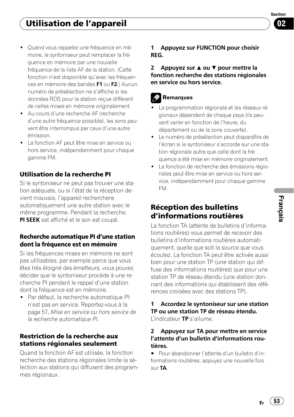 Réception des bulletins d’informations, Routières, Utilisation de l ’appareil | Réception des bulletins d ’informations routières | Pioneer DEH-1000E User Manual | Page 53 / 107
