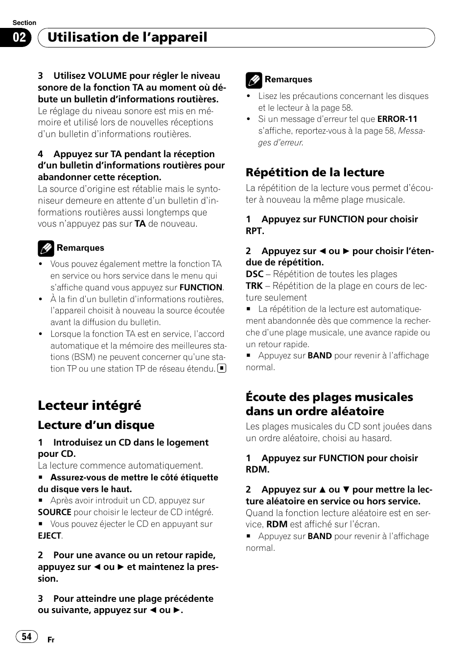 Lecteur intégré, Lecture d’un disque 54, Répétition de la lecture 54 | Écoute des plages musicales dans un, Ordre aléatoire, Utilisation de l ’appareil, Lecture d ’un disque, Répétition de la lecture | Pioneer DEH-1000E User Manual | Page 54 / 107
