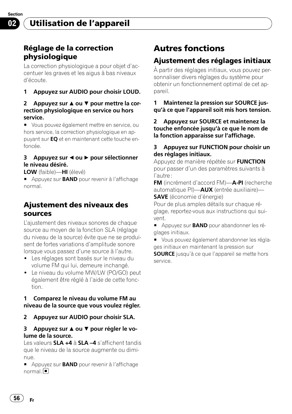 Réglage de la correction, Physiologique, Ajustement des niveaux des | Sources, Autres fonctions, Ajustement des réglages initiaux 56, Utilisation de l ’appareil, Réglage de la correction physiologique, Ajustement des niveaux des sources, Ajustement des réglages initiaux | Pioneer DEH-1000E User Manual | Page 56 / 107