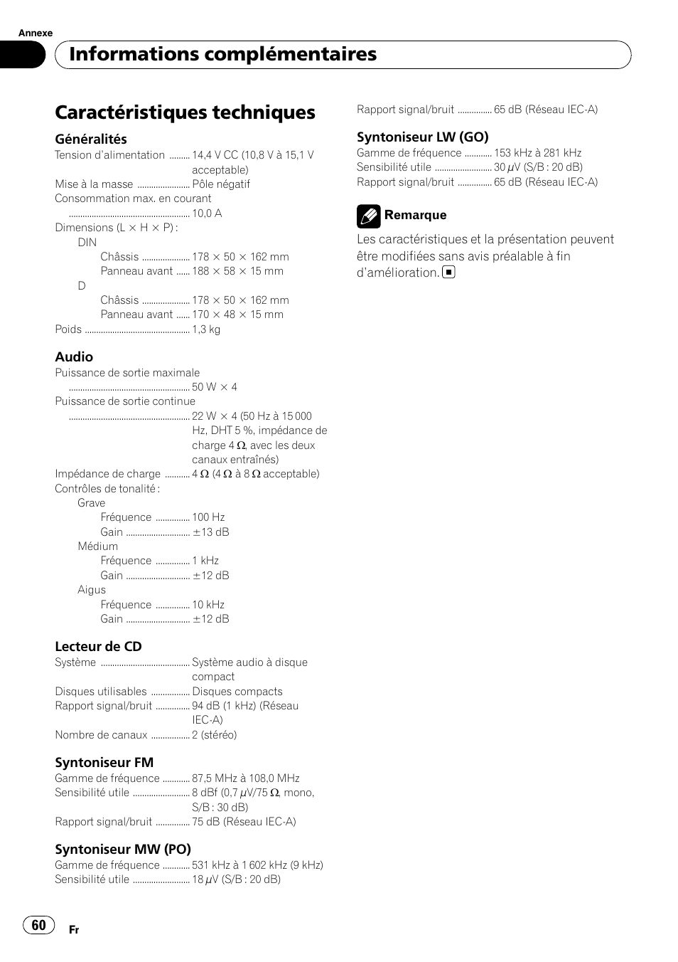Caractéristiques techniques, Informations complémentaires | Pioneer DEH-1000E User Manual | Page 60 / 107