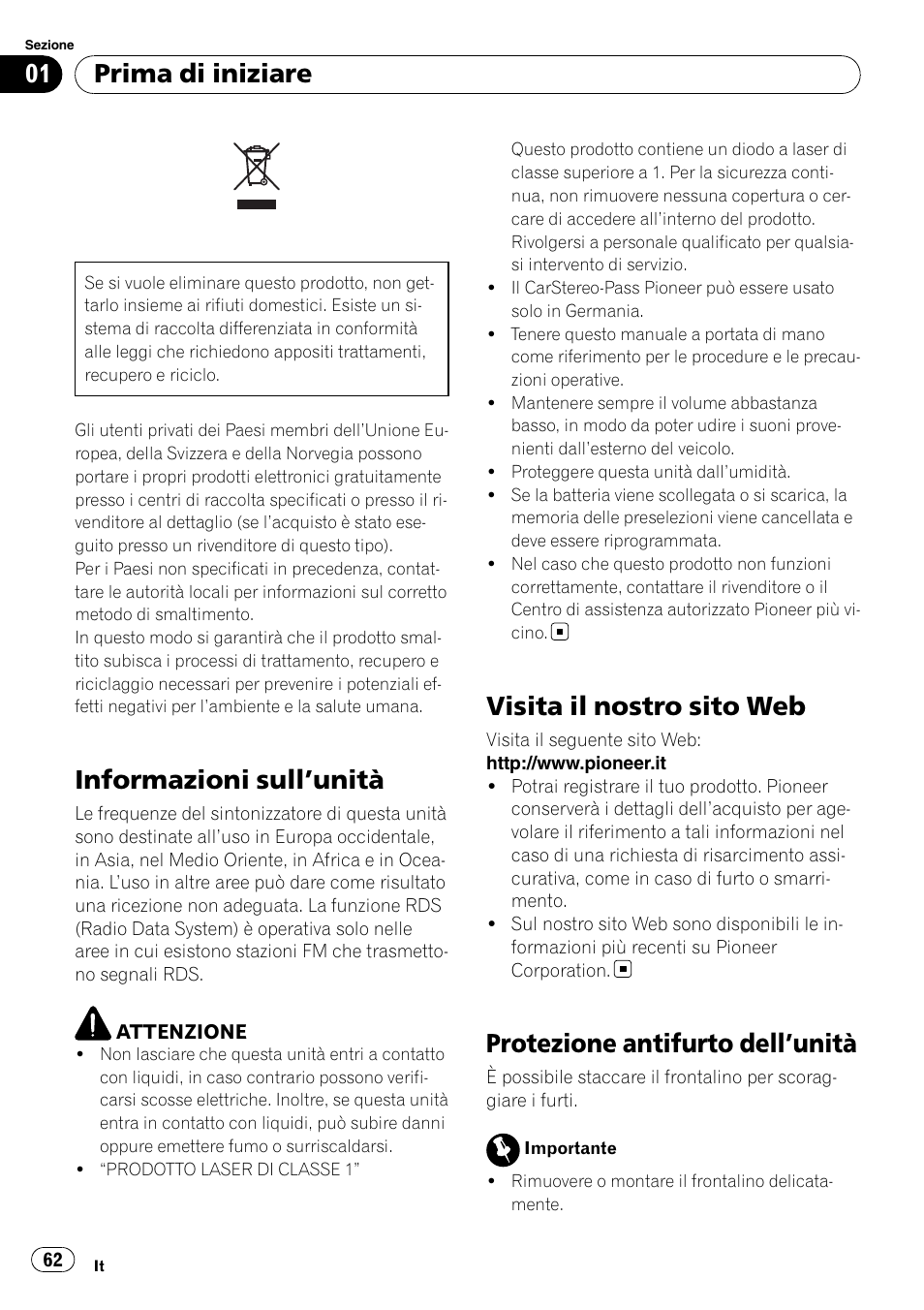 Prima di iniziare, Informazioni sull, Unità 62 | Visita il nostro sito web, Protezione antifurto dell, Informazioni sull ’unità, Protezione antifurto dell ’unità | Pioneer DEH-1000E User Manual | Page 62 / 107