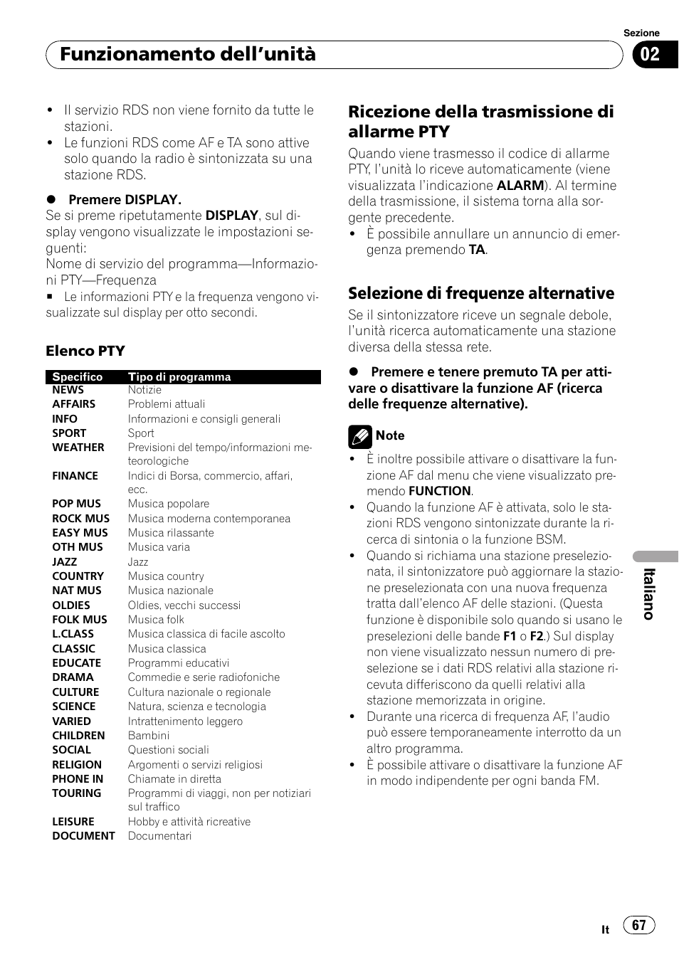 Ricezione della trasmissione di allarme, Selezione di frequenze alternative 67, Funzionamento dell ’unità | Ricezione della trasmissione di allarme pty, Selezione di frequenze alternative, Italiano | Pioneer DEH-1000E User Manual | Page 67 / 107