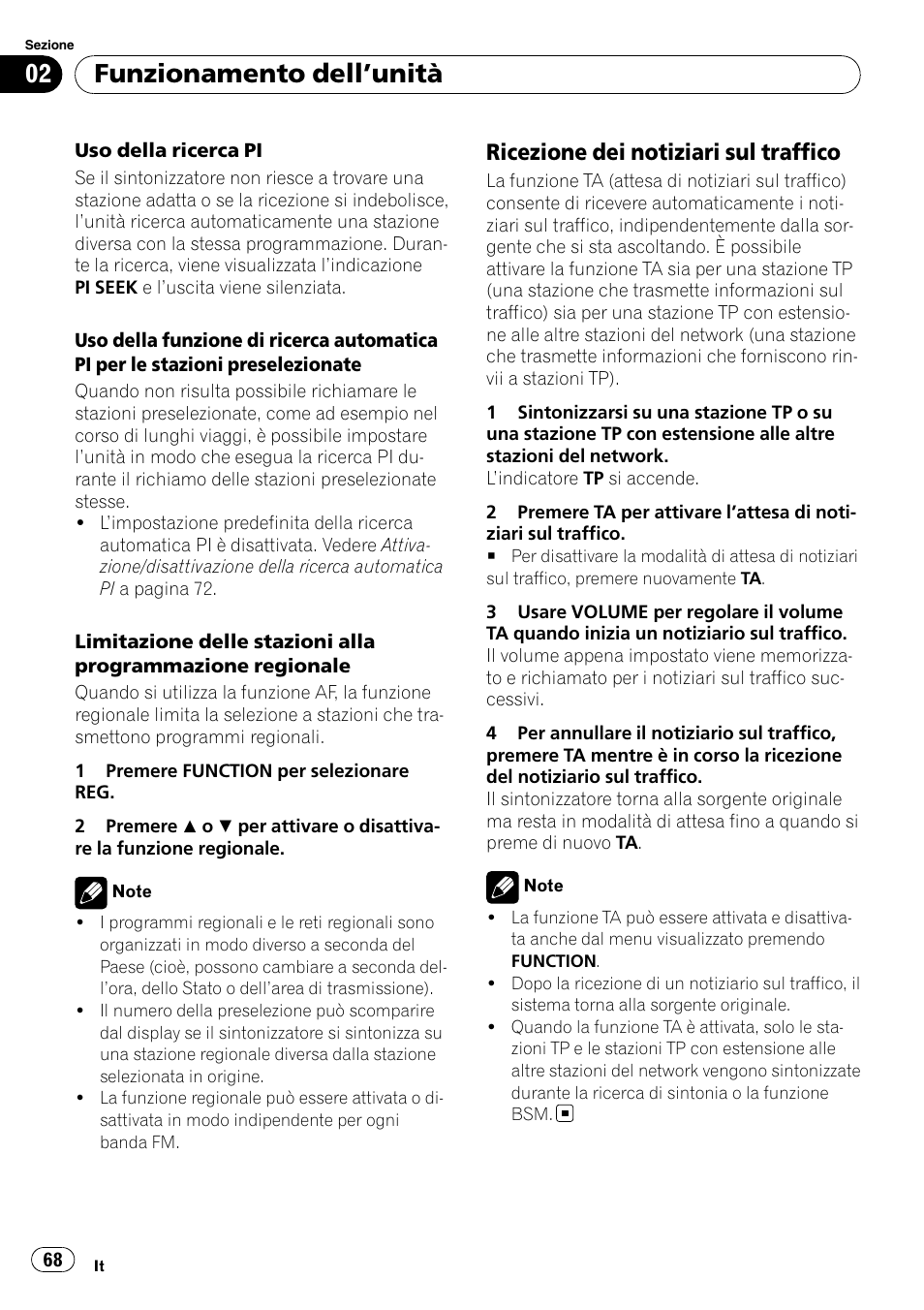 Ricezione dei notiziari sul traffico 68, Funzionamento dell ’unità, Ricezione dei notiziari sul traffico | Pioneer DEH-1000E User Manual | Page 68 / 107