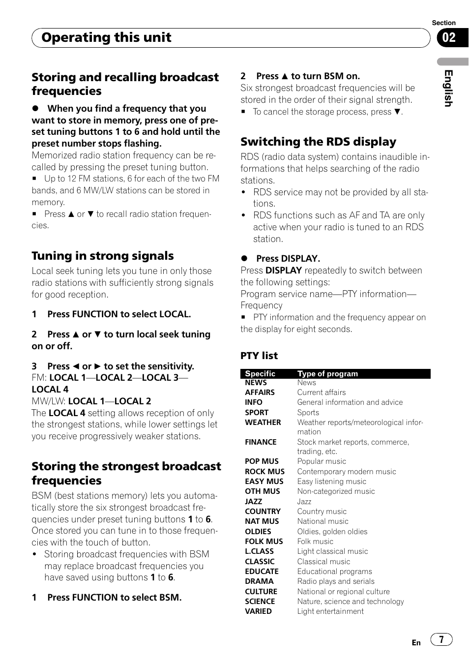 Storing and recalling broadcast, Frequencies, Tuning in strong signals 7 | Storing the strongest broadcast, Switching the rds display 7, Operating this unit, Storing and recalling broadcast frequencies, Tuning in strong signals, Storing the strongest broadcast frequencies, Switching the rds display | Pioneer DEH-1000E User Manual | Page 7 / 107