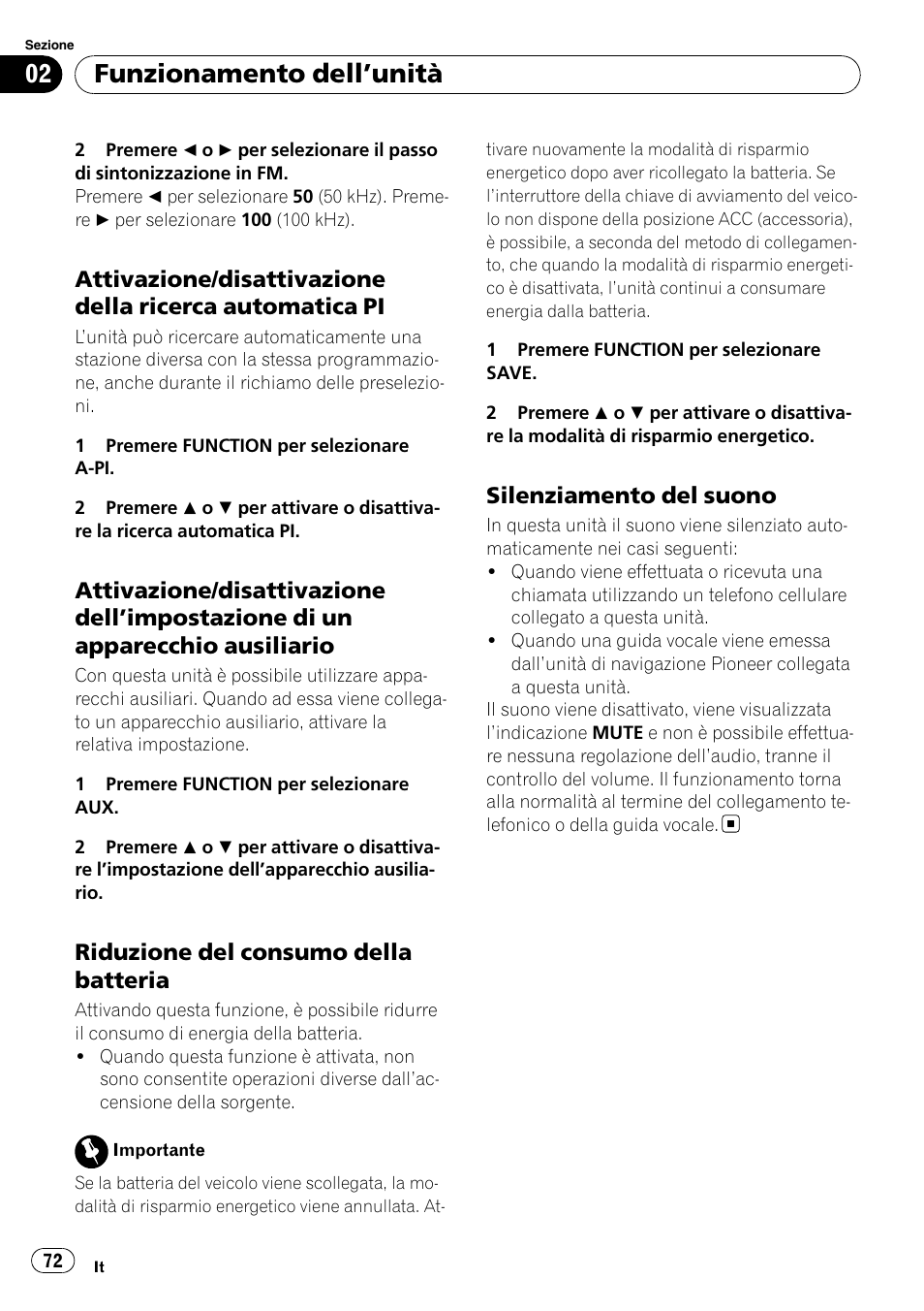 Attivazione/disattivazione della ricerca, Automatica pi, Attivazione/disattivazione | Dell, Impostazione di un apparecchio, Ausiliario, Riduzione del consumo della, Batteria, Silenziamento del suono 72, Attivazione/disatti- vazione dell | Pioneer DEH-1000E User Manual | Page 72 / 107