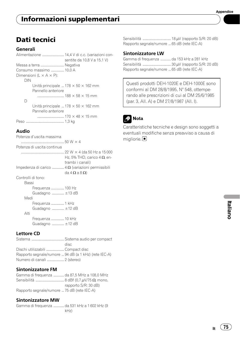 Dati tecnici, Informazioni supplementari, Italiano | Pioneer DEH-1000E User Manual | Page 75 / 107