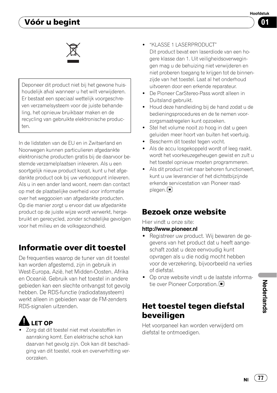 Vóór u begint, Informatie over dit toestel, Bezoek onze website | Het toestel tegen diefstal beveiligen | Pioneer DEH-1000E User Manual | Page 77 / 107