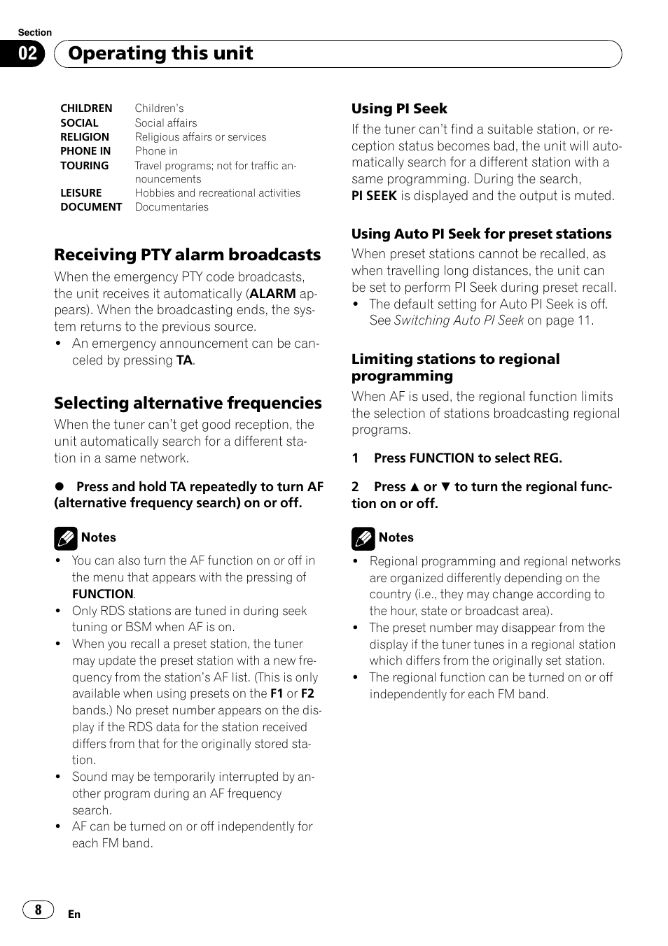Receiving pty alarm broadcasts 8, Selecting alternative frequencies 8, Operating this unit | Receiving pty alarm broadcasts, Selecting alternative frequencies | Pioneer DEH-1000E User Manual | Page 8 / 107