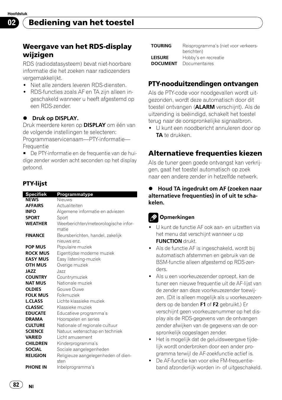 Weergave van het rds-display, Wijzigen, Pty-nooduitzendingen ontvangen 82 | Alternatieve frequenties kiezen 82, Bediening van het toestel, Weergave van het rds-display wijzigen, Pty-nooduitzendingen ontvangen, Alternatieve frequenties kiezen, Pty-lijst | Pioneer DEH-1000E User Manual | Page 82 / 107