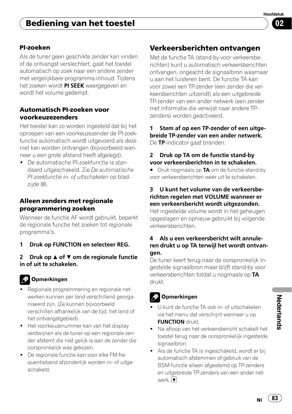 Verkeersberichten ontvangen 83, Bediening van het toestel, Verkeersberichten ontvangen | Pioneer DEH-1000E User Manual | Page 83 / 107