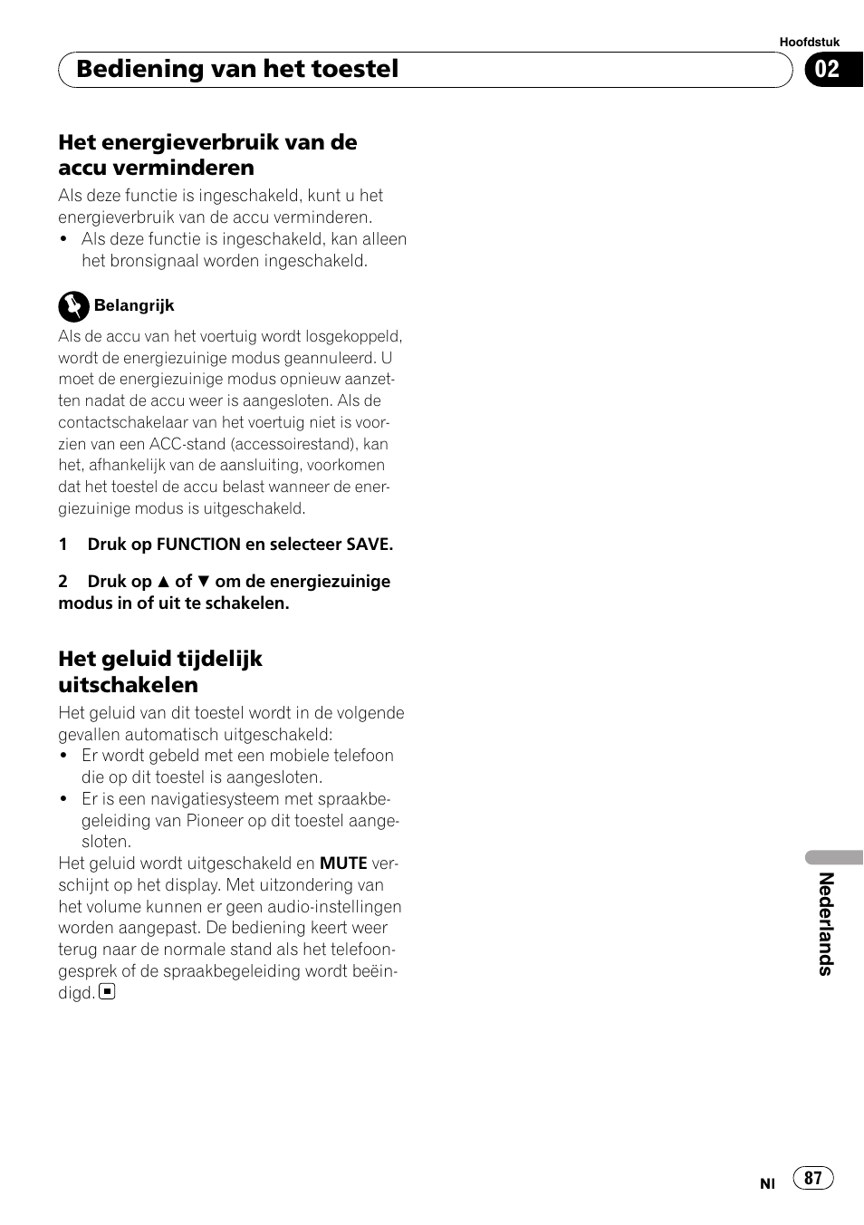 Het energieverbruik van de accu, Verminderen, Het geluid tijdelijk uitschakelen 87 | Bediening van het toestel | Pioneer DEH-1000E User Manual | Page 87 / 107