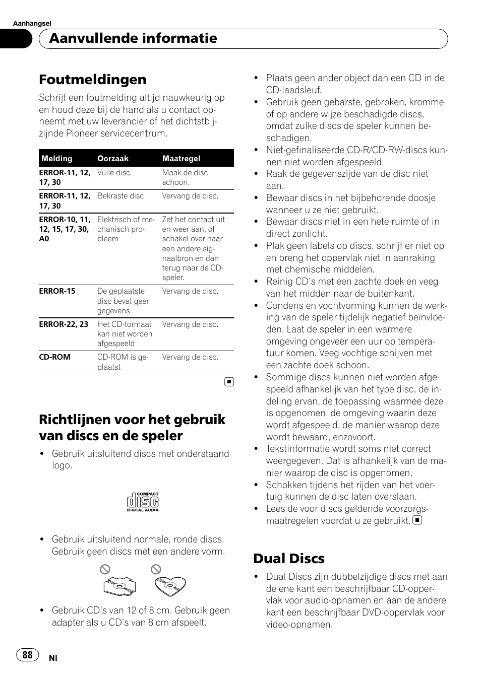 Aanvullende informatie foutmeldingen, Richtlijnen voor het gebruik van discs en de, Speler | Dual discs, Foutmeldingen, Aanvullende informatie | Pioneer DEH-1000E User Manual | Page 88 / 107