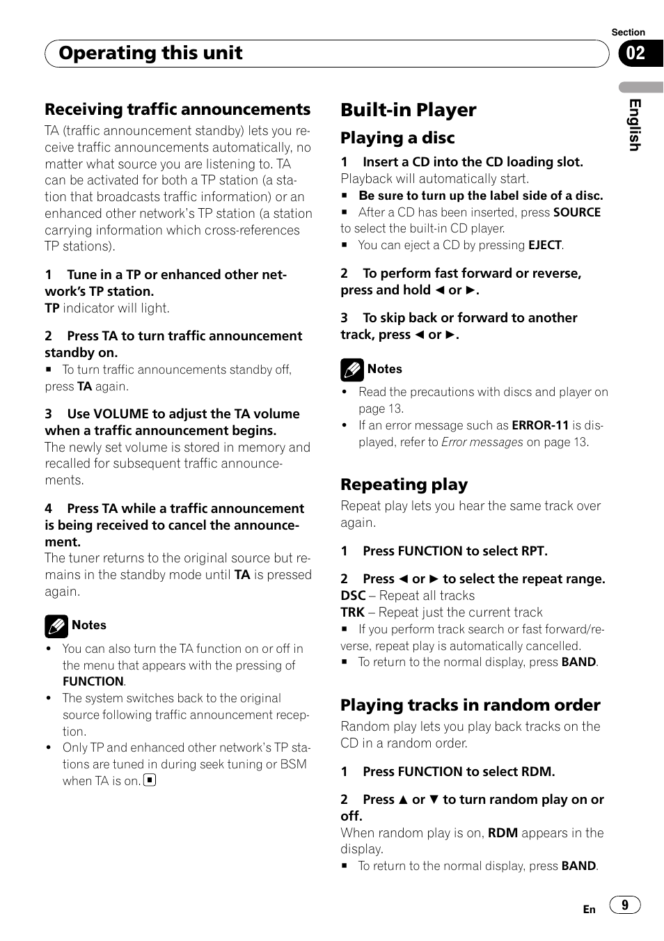 Receiving traffic announcements 9, Built-in player, Playing a disc 9 | Repeating play 9, Playing tracks in random order 9, Operating this unit, Receiving traffic announcements, Playing a disc, Repeating play, Playing tracks in random order | Pioneer DEH-1000E User Manual | Page 9 / 107