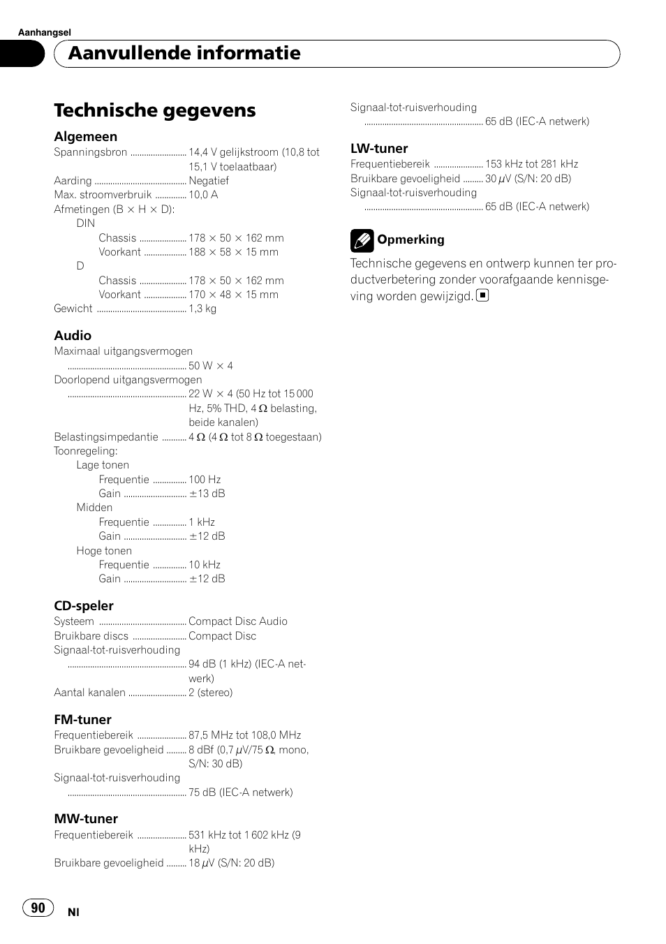 Technische gegevens, Aanvullende informatie | Pioneer DEH-1000E User Manual | Page 90 / 107