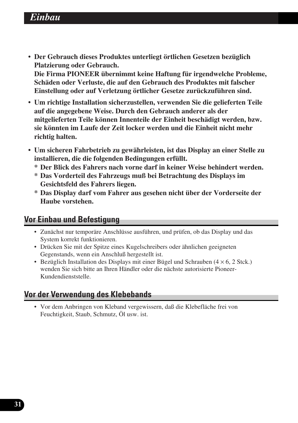 Einbau, Vor einbau und befestigung, Vor der verwendung des klebebands | Pioneer AVD-W6010 User Manual | Page 104 / 112