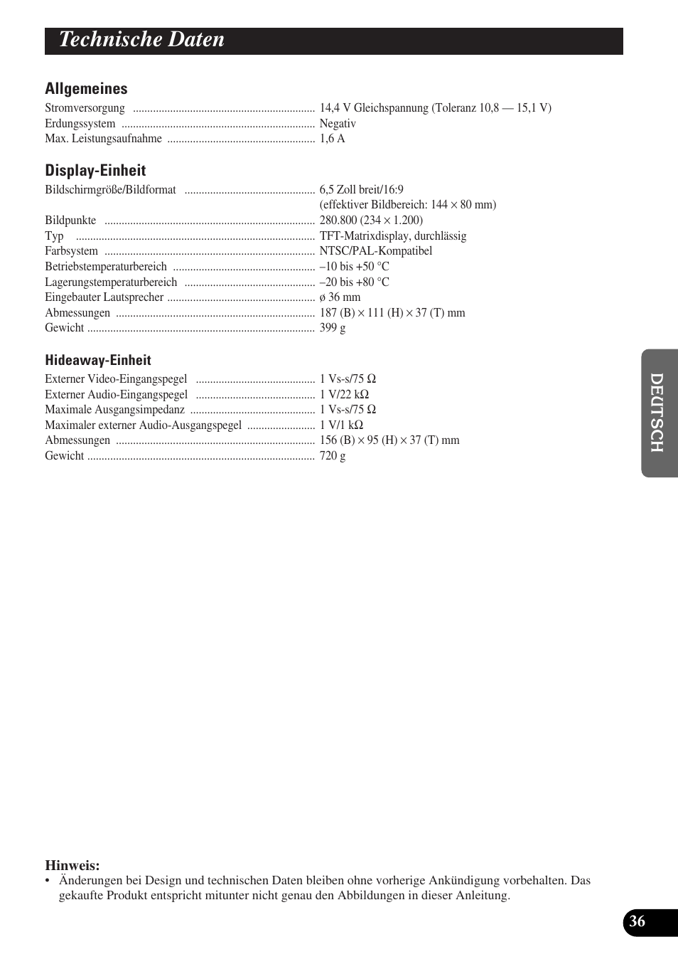 Technische daten | Pioneer AVD-W6010 User Manual | Page 109 / 112