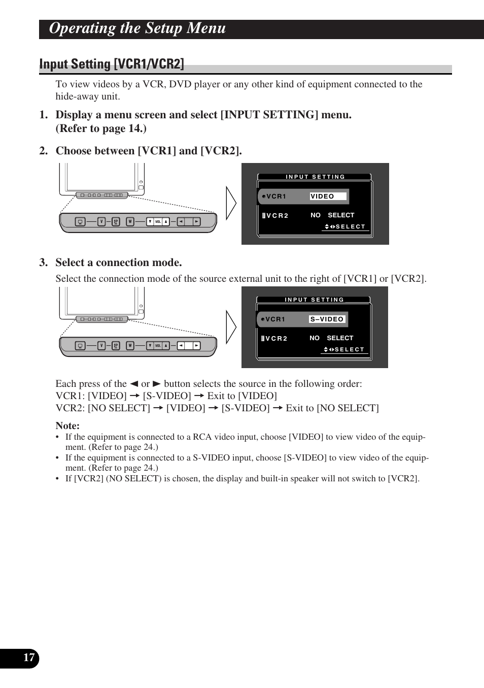 Input setting [vcr1/vcr2, Operating the setup menu | Pioneer AVD-W6010 User Manual | Page 18 / 112