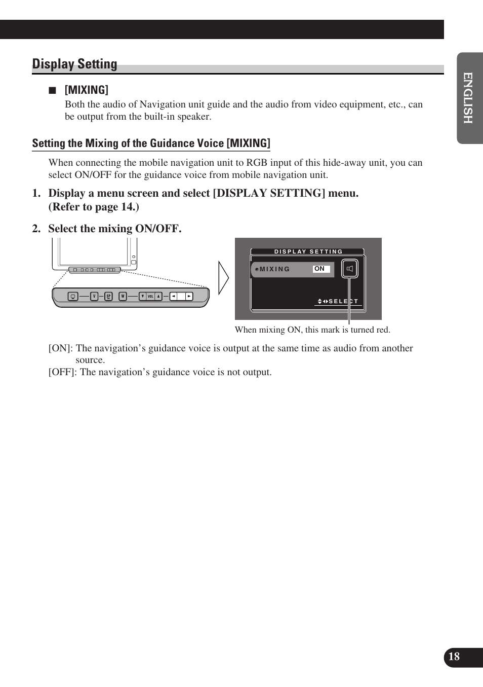 Display setting, Setting the mixing of the guidance voice [mixing | Pioneer AVD-W6010 User Manual | Page 19 / 112