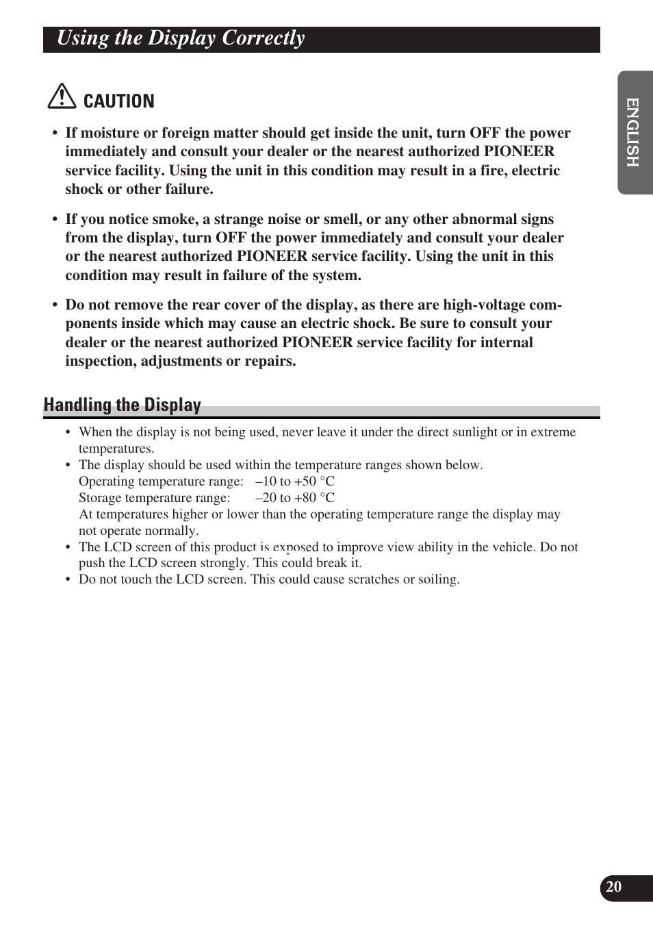 Using the display correctly, Handling the display, Caution | Pioneer AVD-W6010 User Manual | Page 21 / 112