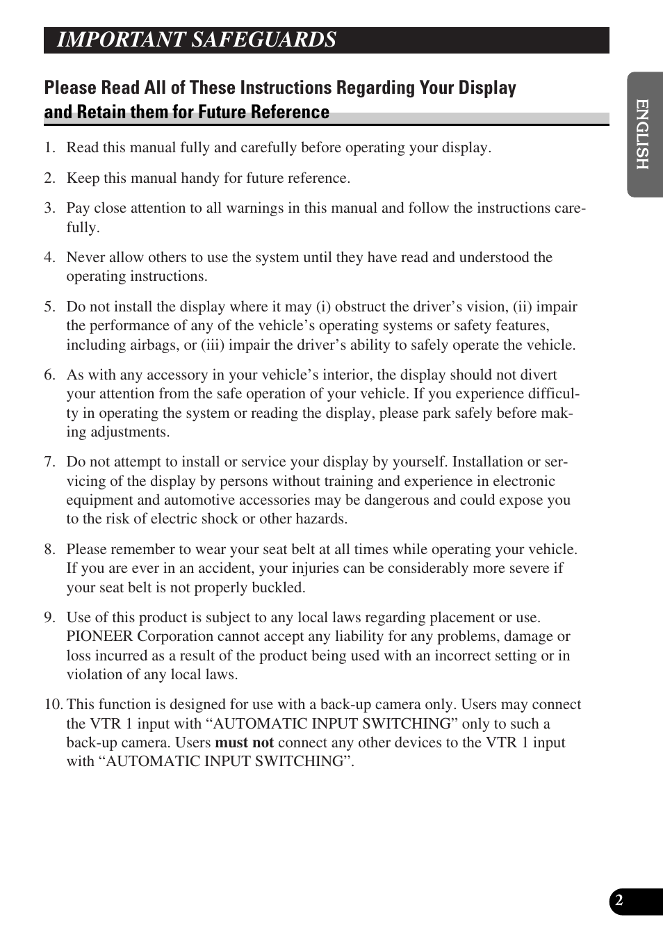Important safeguards, Please read all of these instructions | Pioneer AVD-W6010 User Manual | Page 3 / 112