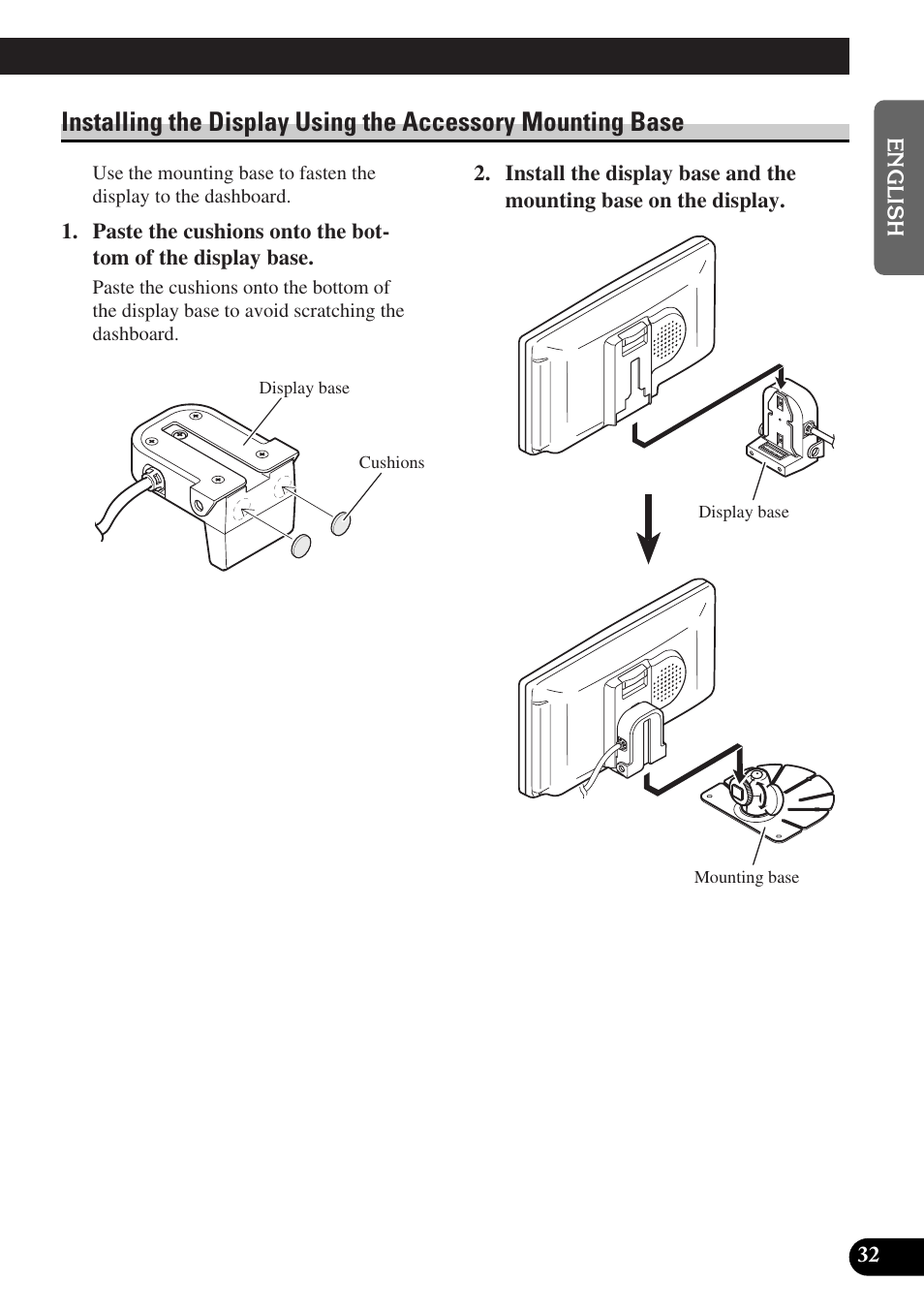 Installing the display using the accessory, Mounting base | Pioneer AVD-W6010 User Manual | Page 33 / 112