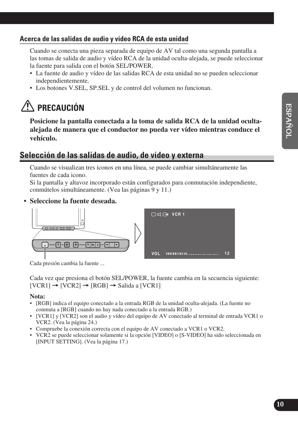 Selección de las salidas de audio, de vídeo, Y externa, Precaución | Pioneer AVD-W6010 User Manual | Page 47 / 112