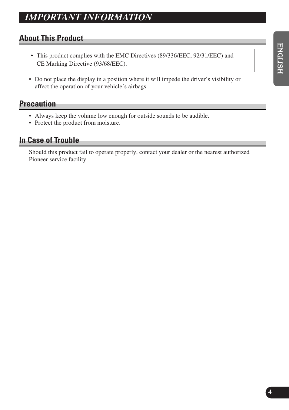 Important information, About this product precaution in case of trouble, About this product | Precaution | Pioneer AVD-W6010 User Manual | Page 5 / 112