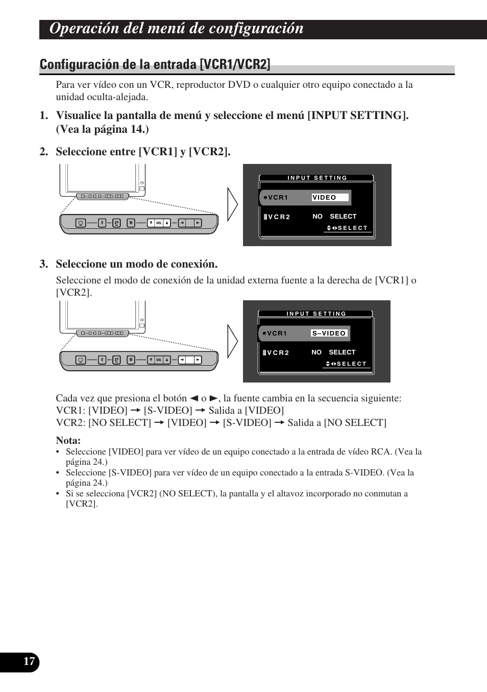 Configuración de la entrada, Vcr1/vcr2, Operación del menú de configuración | Configuración de la entrada [vcr1/vcr2 | Pioneer AVD-W6010 User Manual | Page 54 / 112