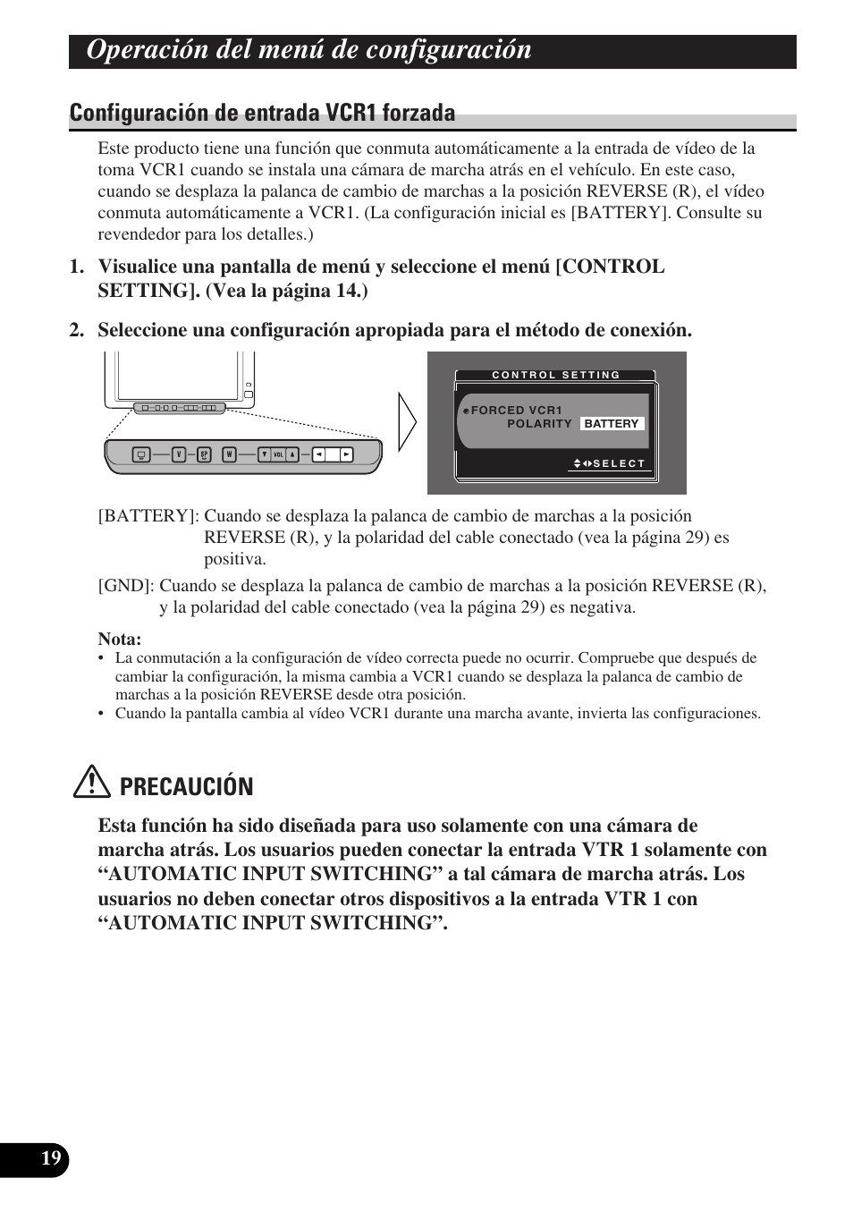 Configuración de entrada vcr1 forzada, Operación del menú de configuración, Precaución | Pioneer AVD-W6010 User Manual | Page 56 / 112