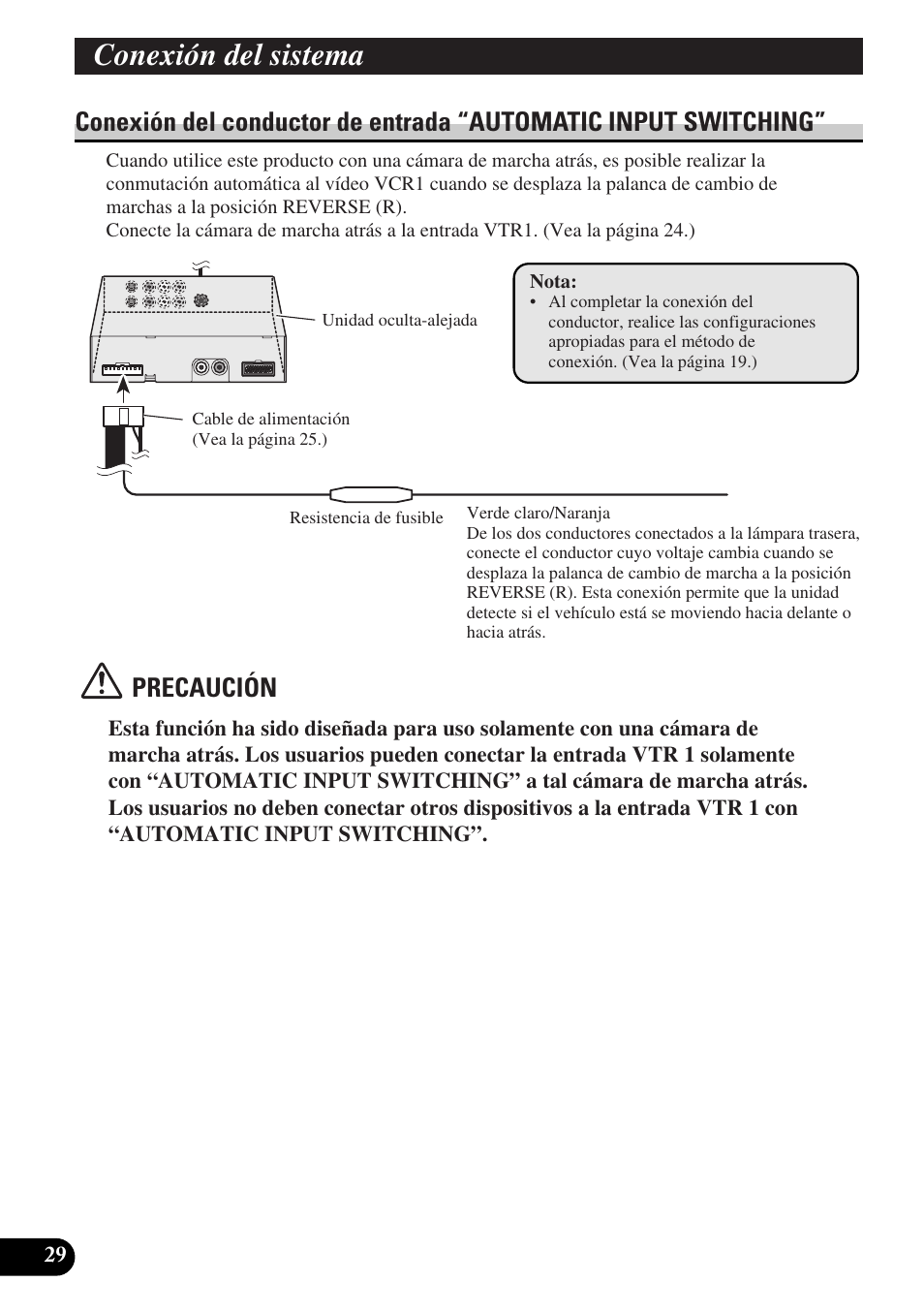 Conexión del conductor de entrada, Automatic input switching, Conexión del sistema | Precaución | Pioneer AVD-W6010 User Manual | Page 66 / 112