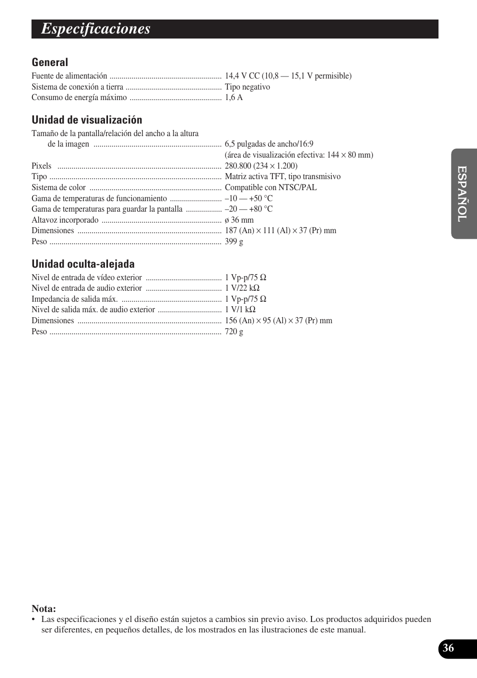 Especificaciones | Pioneer AVD-W6010 User Manual | Page 73 / 112