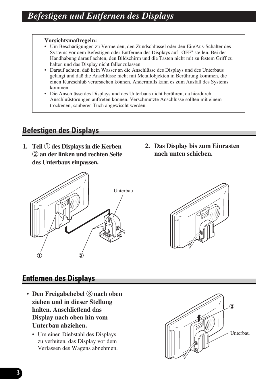 Befestigen und entfernen, Des displays, Befestigen des displays entfernen des displays | Befestigen und entfernen des displays | Pioneer AVD-W6010 User Manual | Page 76 / 112