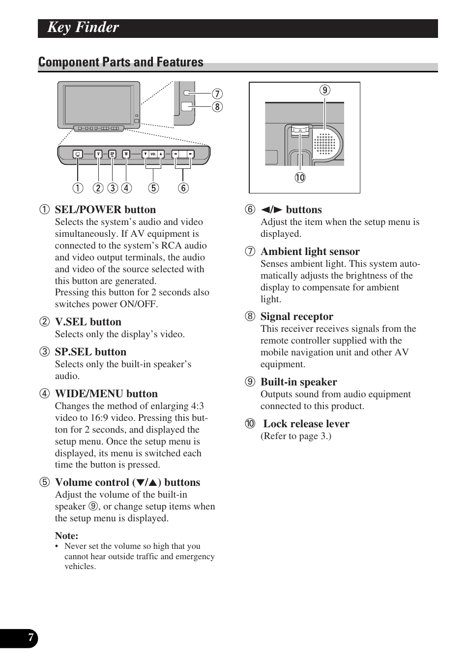 Key finder, Component parts and features | Pioneer AVD-W6010 User Manual | Page 8 / 112