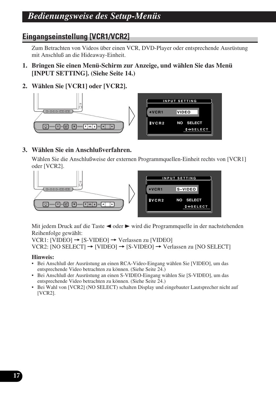 Eingangseinstellung [vcr1/vcr2, Bedienungsweise des setup-menüs | Pioneer AVD-W6010 User Manual | Page 90 / 112