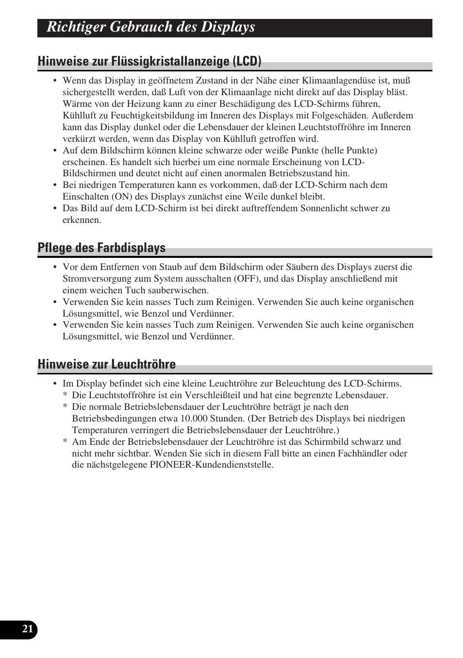 Richtiger gebrauch des displays, Hinweise zur flüssigkristallanzeige (lcd), Pflege des farbdisplays | Hinweise zur leuchtröhre | Pioneer AVD-W6010 User Manual | Page 94 / 112