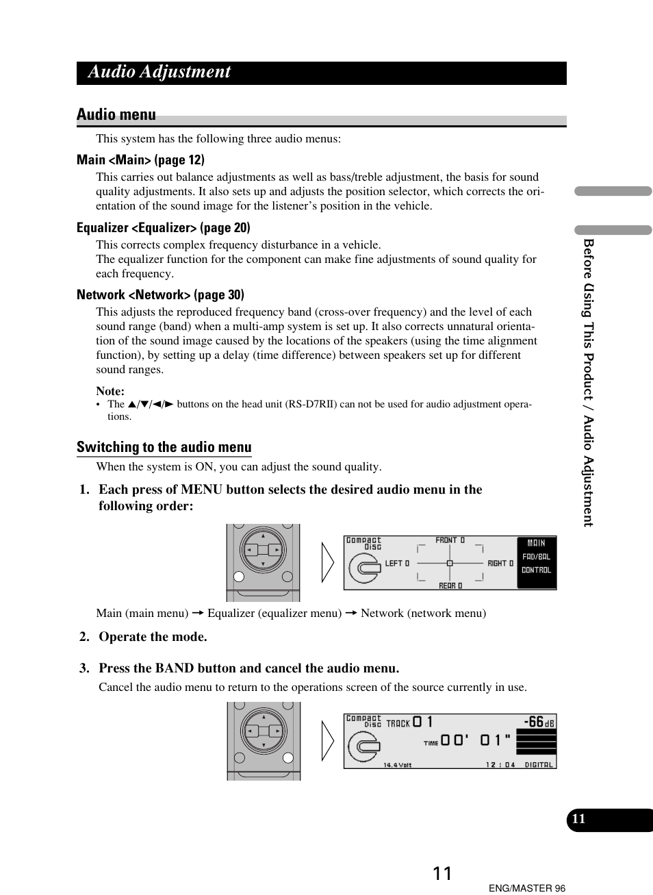 Audio adjustment, Audio menu | Pioneer RS-D7R User Manual | Page 11 / 64