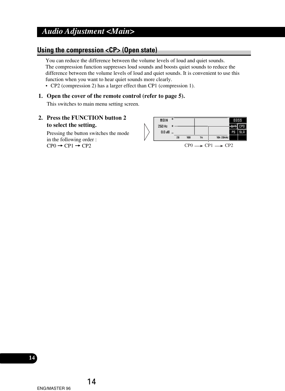 Audio adjustment <main, Using the compression <cp> (open state) | Pioneer RS-D7R User Manual | Page 14 / 64