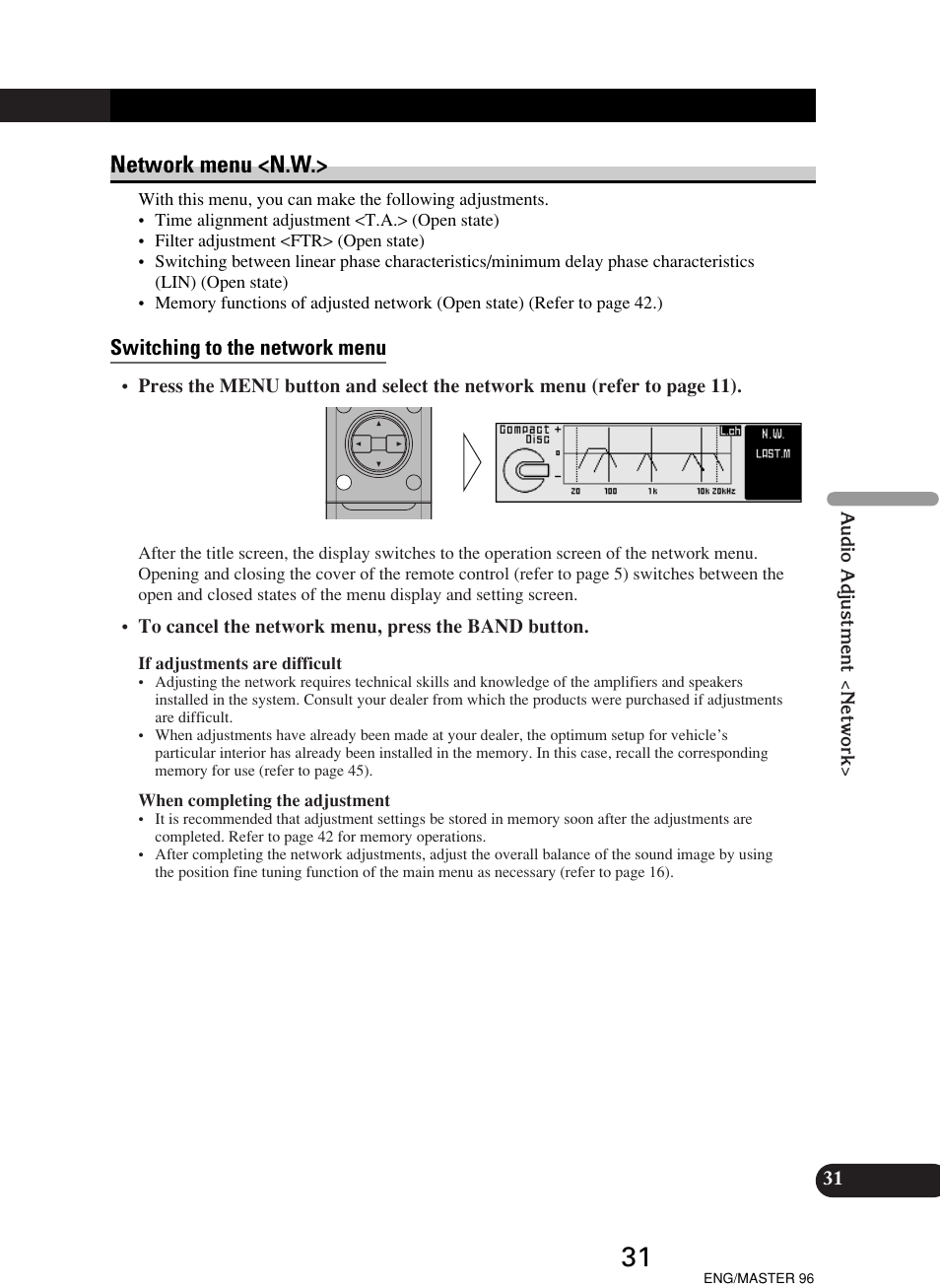 Network menu <n.w, Switching to the network menu | Pioneer RS-D7R User Manual | Page 31 / 64