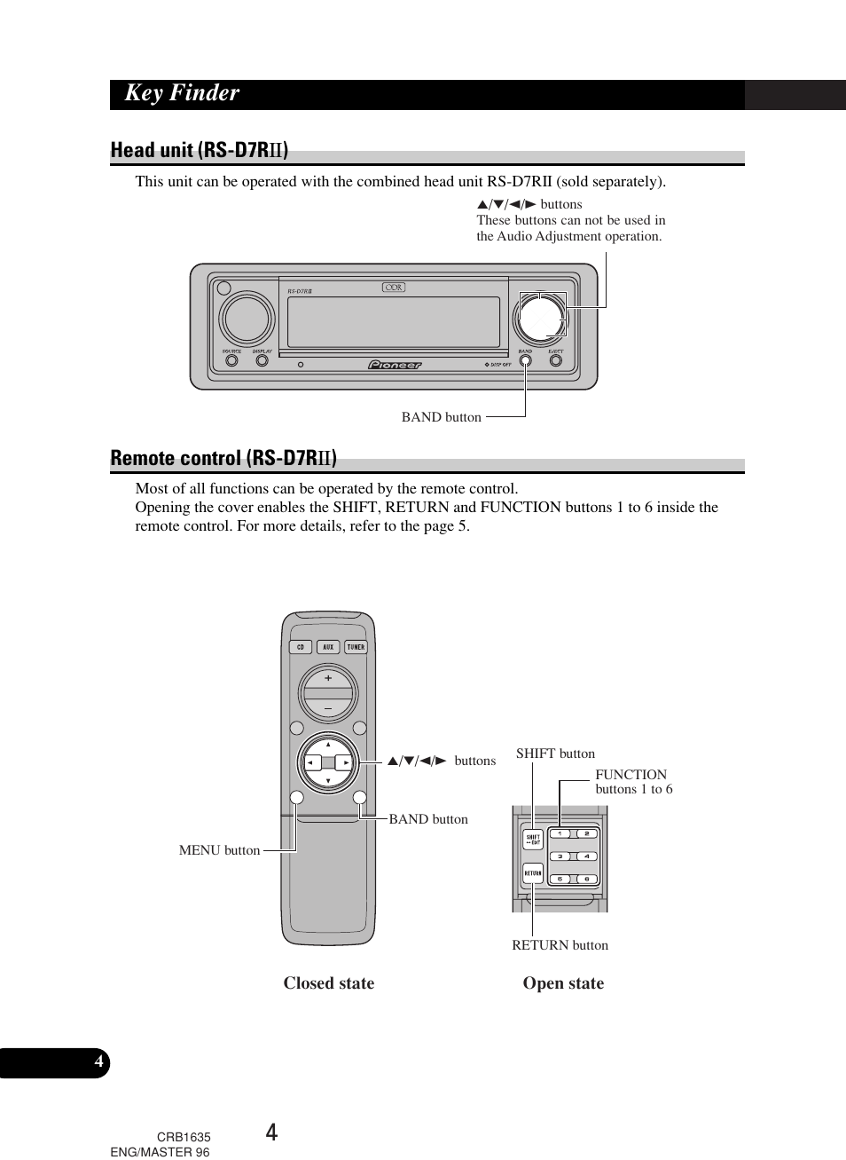 Key finder, Head unit (rs-d7r — ), Remote control (rs-d7r — ) | Pioneer RS-D7R User Manual | Page 4 / 64
