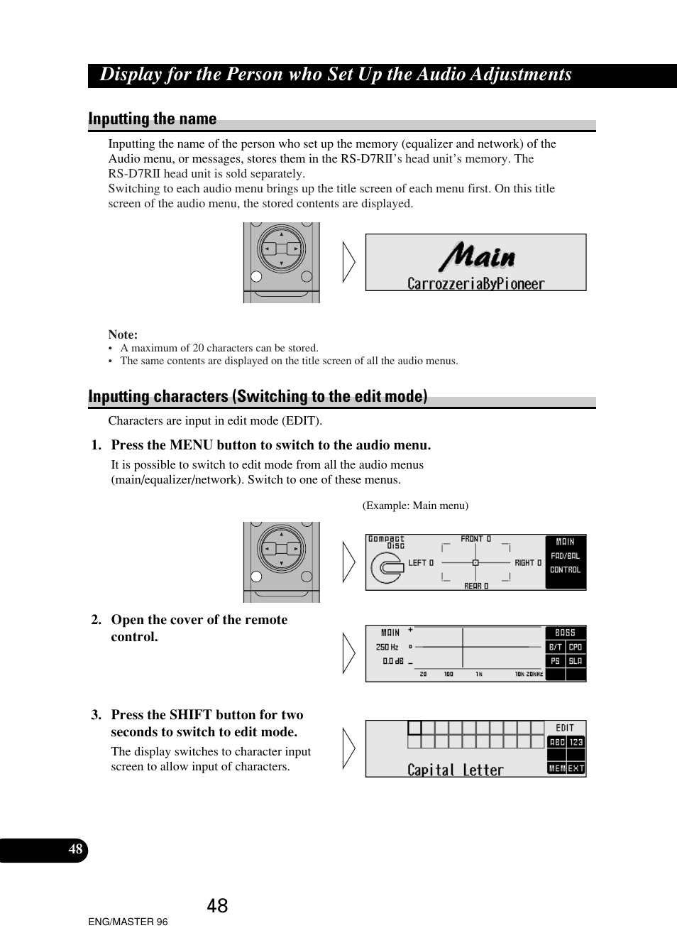Inputting the name, Inputting characters (switching to the edit mode) | Pioneer RS-D7R User Manual | Page 48 / 64
