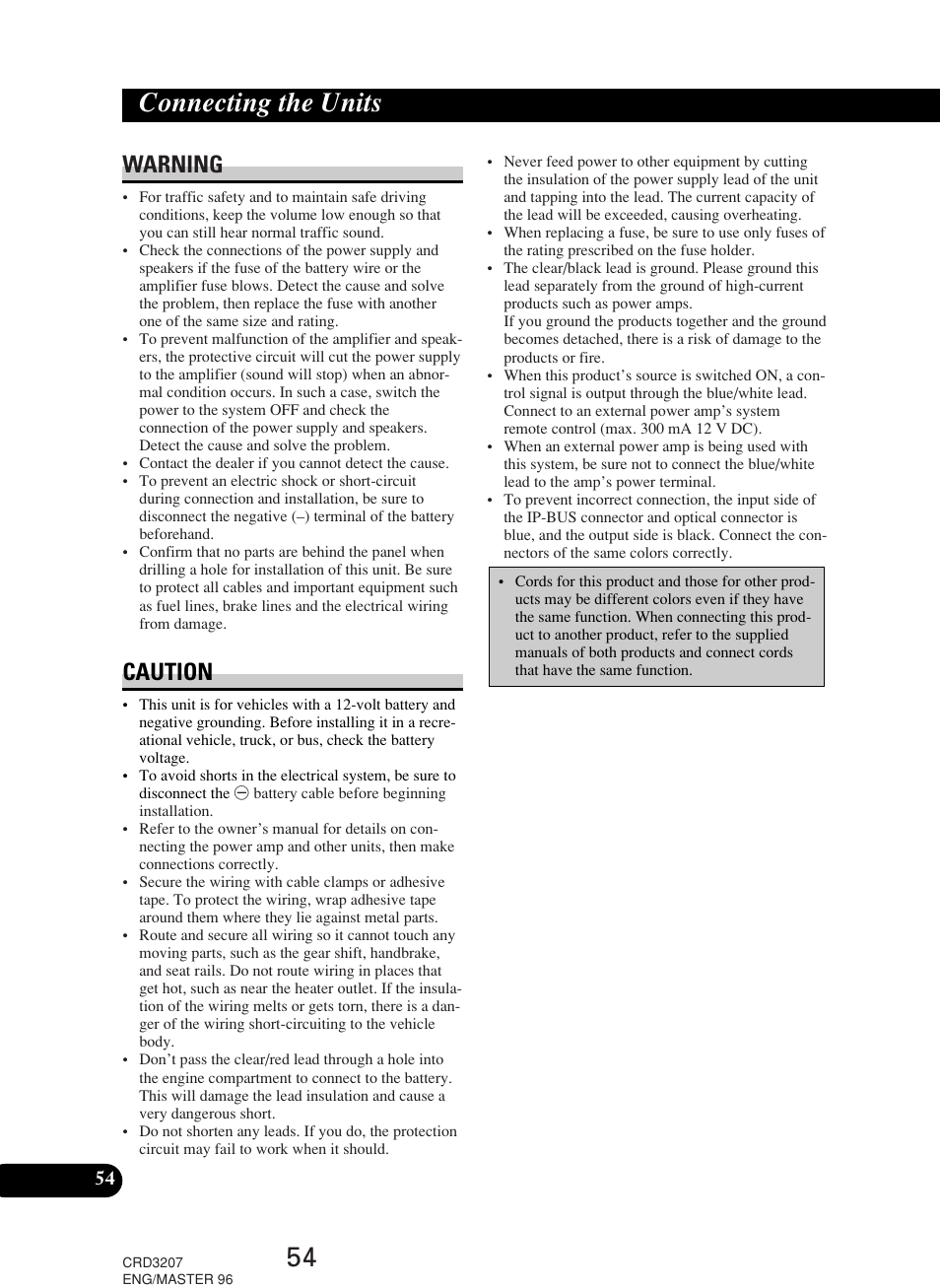 Connecting the units, Warning, Caution | Pioneer RS-D7R User Manual | Page 54 / 64