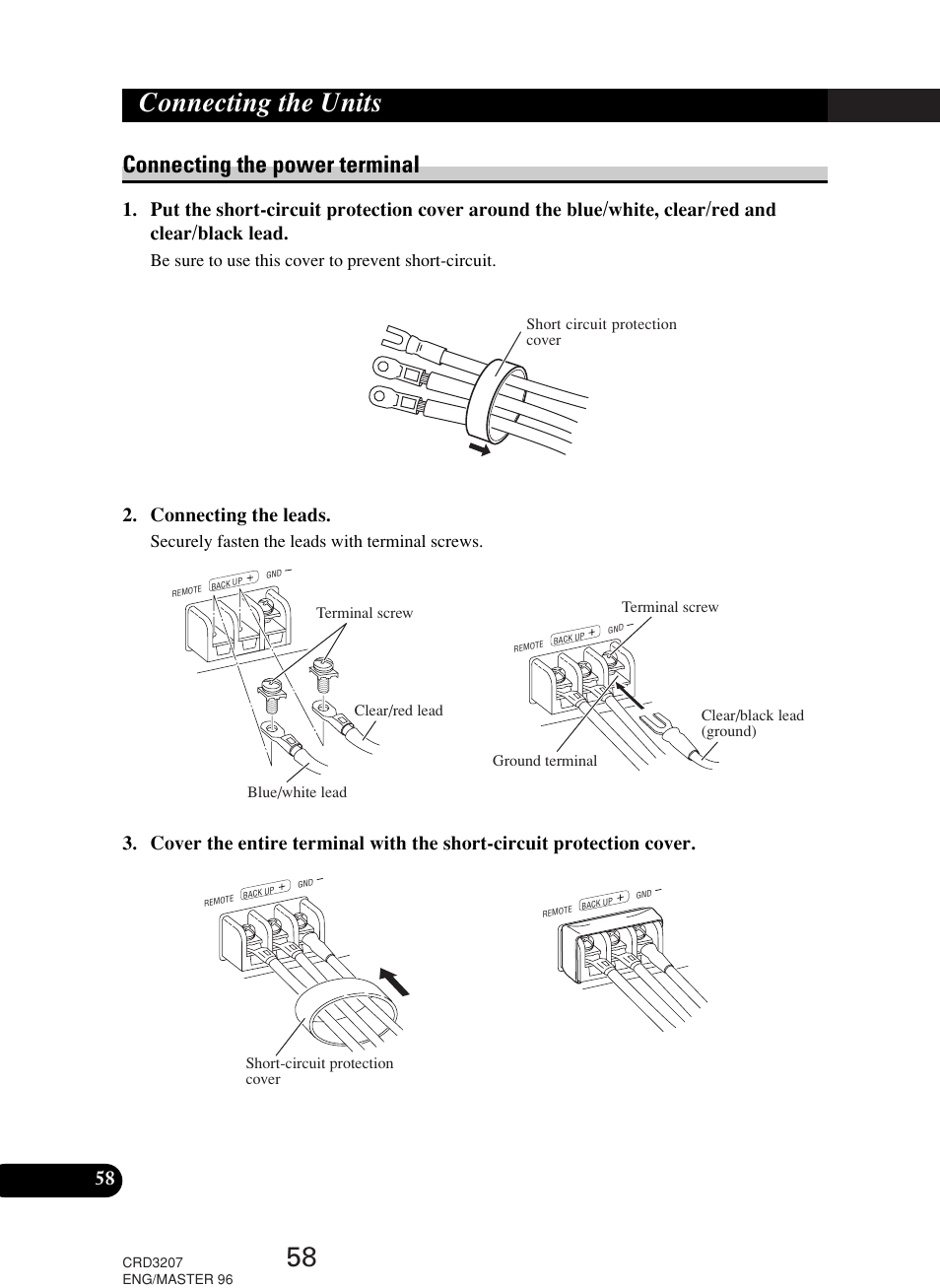 Connecting the units, Connecting the power terminal, Connecting the leads | Be sure to use this cover to prevent short-circuit, Securely fasten the leads with terminal screws | Pioneer RS-D7R User Manual | Page 58 / 64