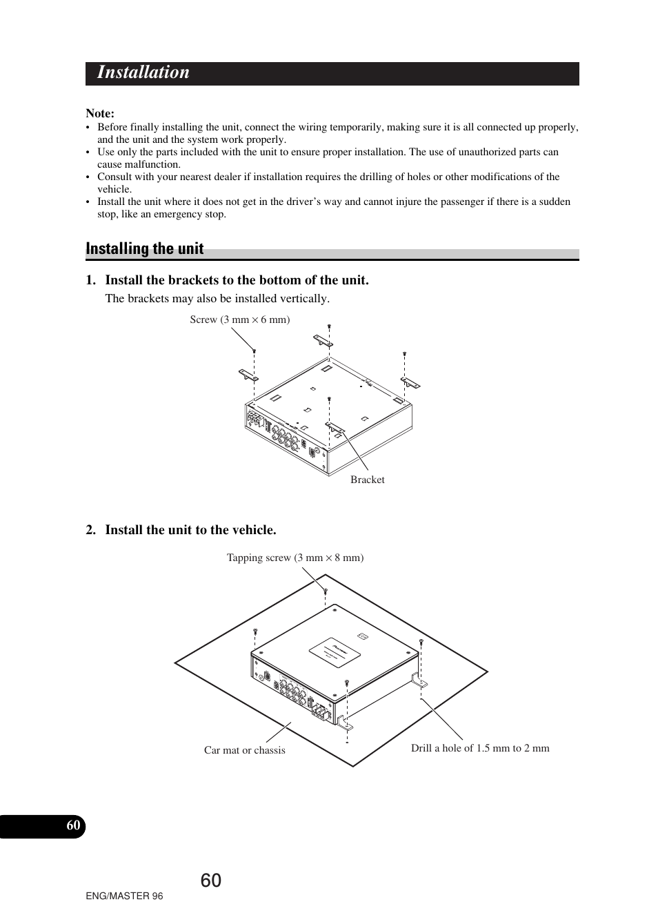 60 installation, Installing the unit | Pioneer RS-D7R User Manual | Page 60 / 64