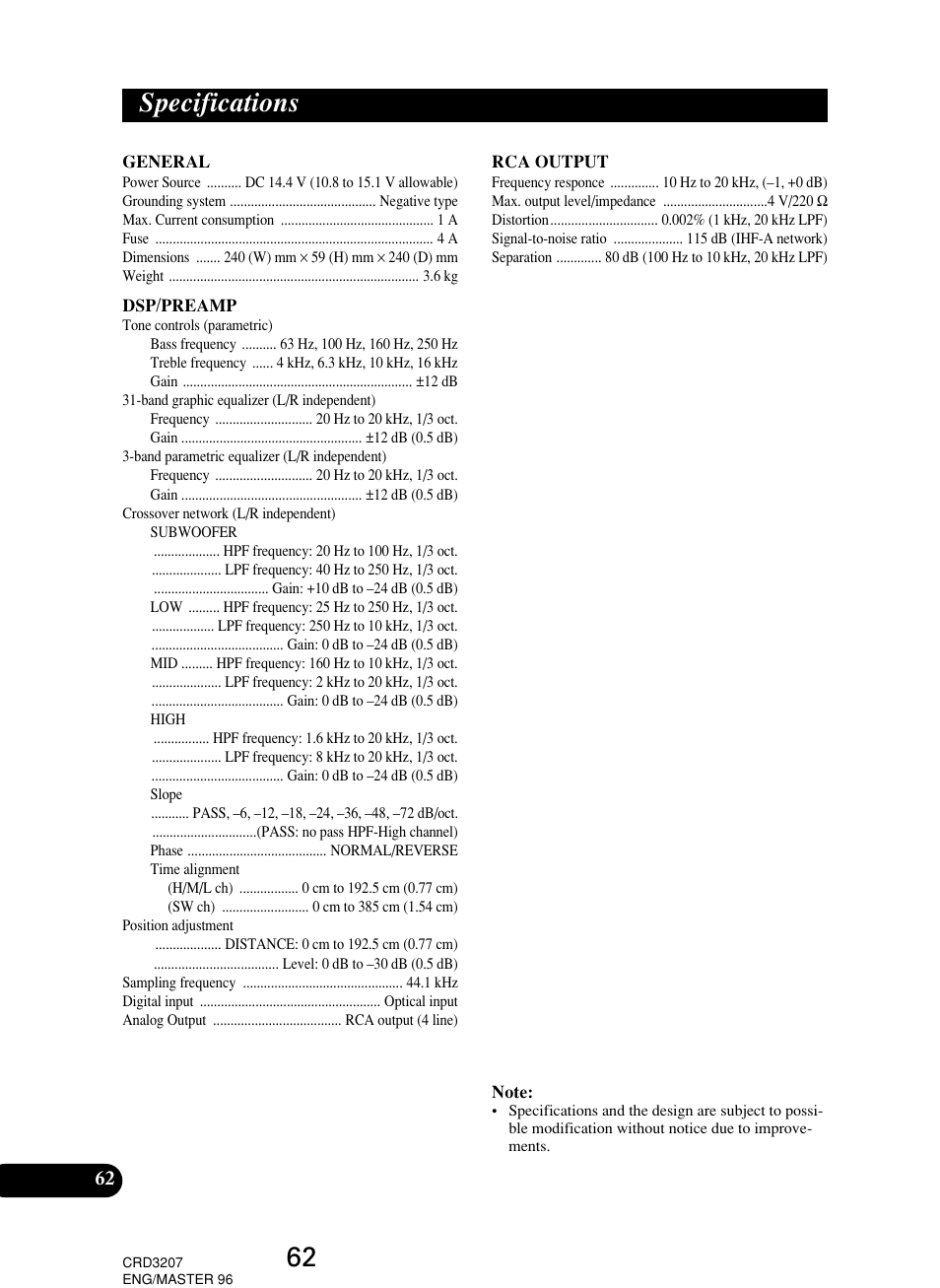 Specifications | Pioneer RS-D7R User Manual | Page 62 / 64