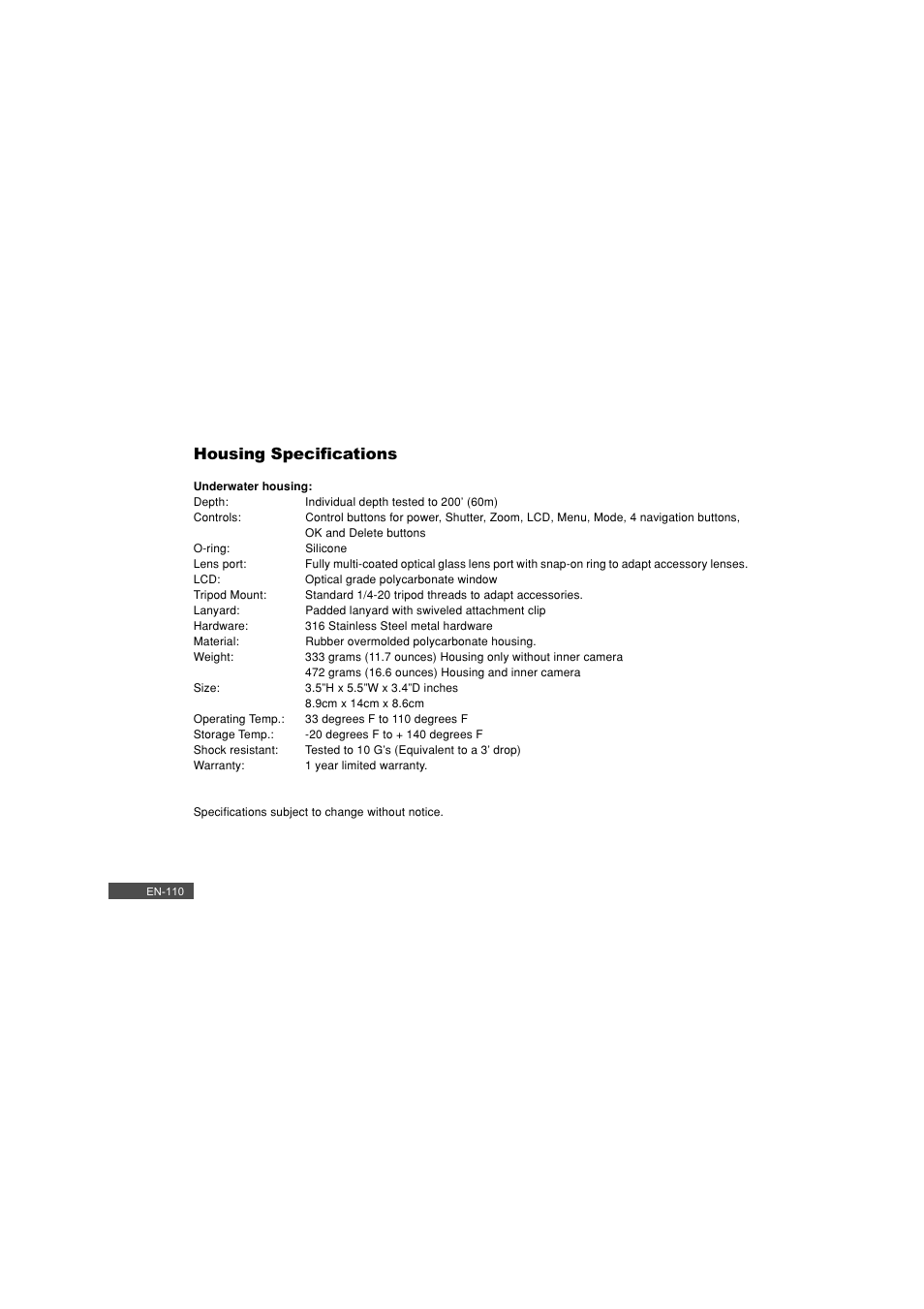 Housing specifications | Pioneer DC500 User Manual | Page 110 / 110