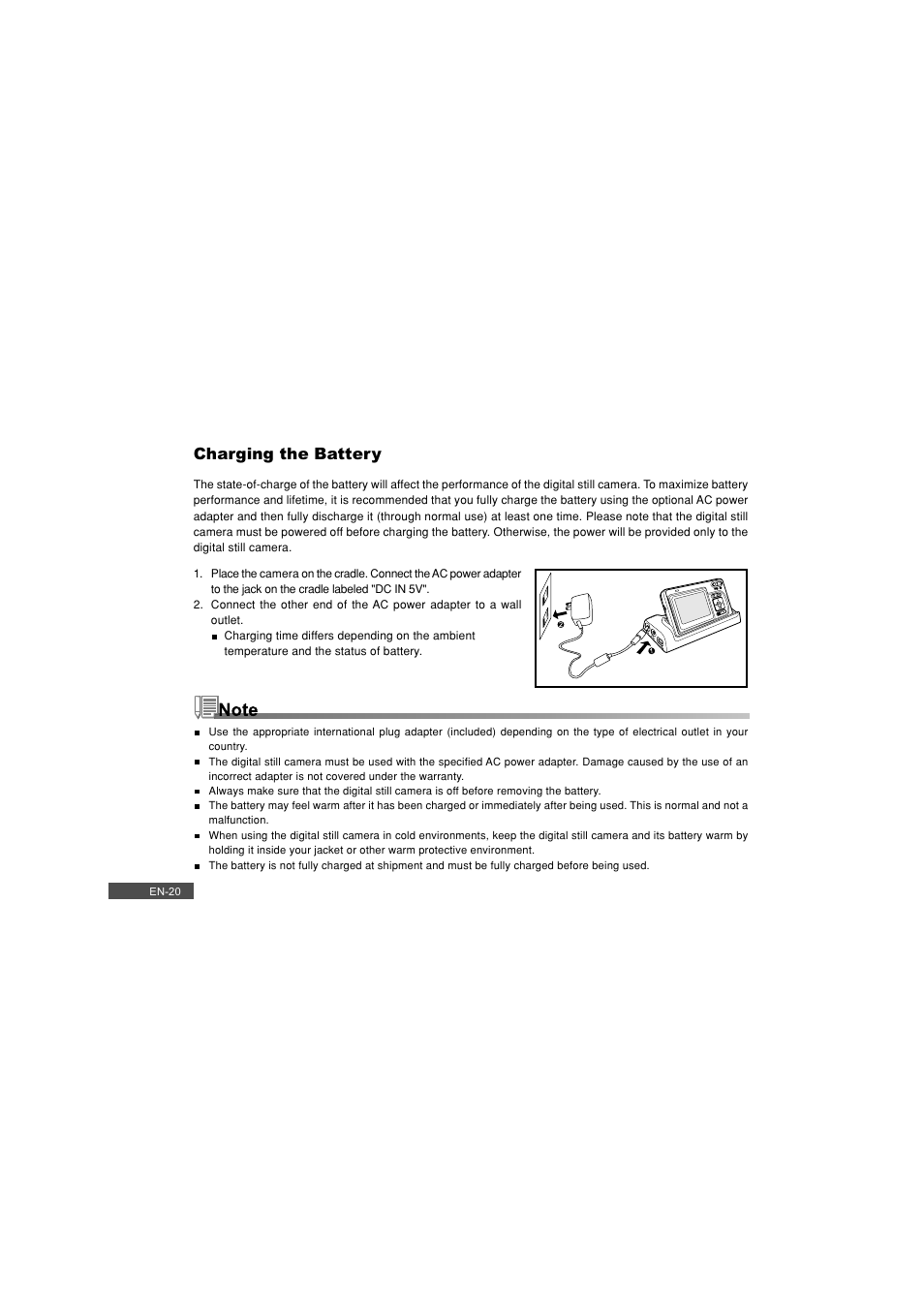 Charging the battery | Pioneer DC500 User Manual | Page 20 / 110