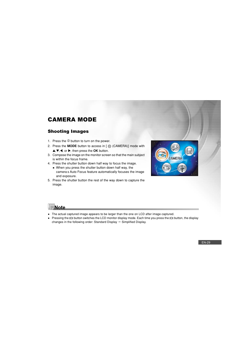 Camera mode, Shooting images | Pioneer DC500 User Manual | Page 29 / 110