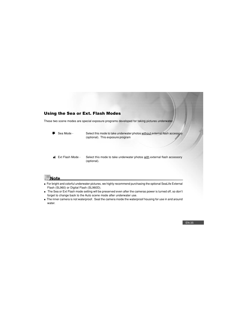 Using the sea or ext. flash modes | Pioneer DC500 User Manual | Page 35 / 110