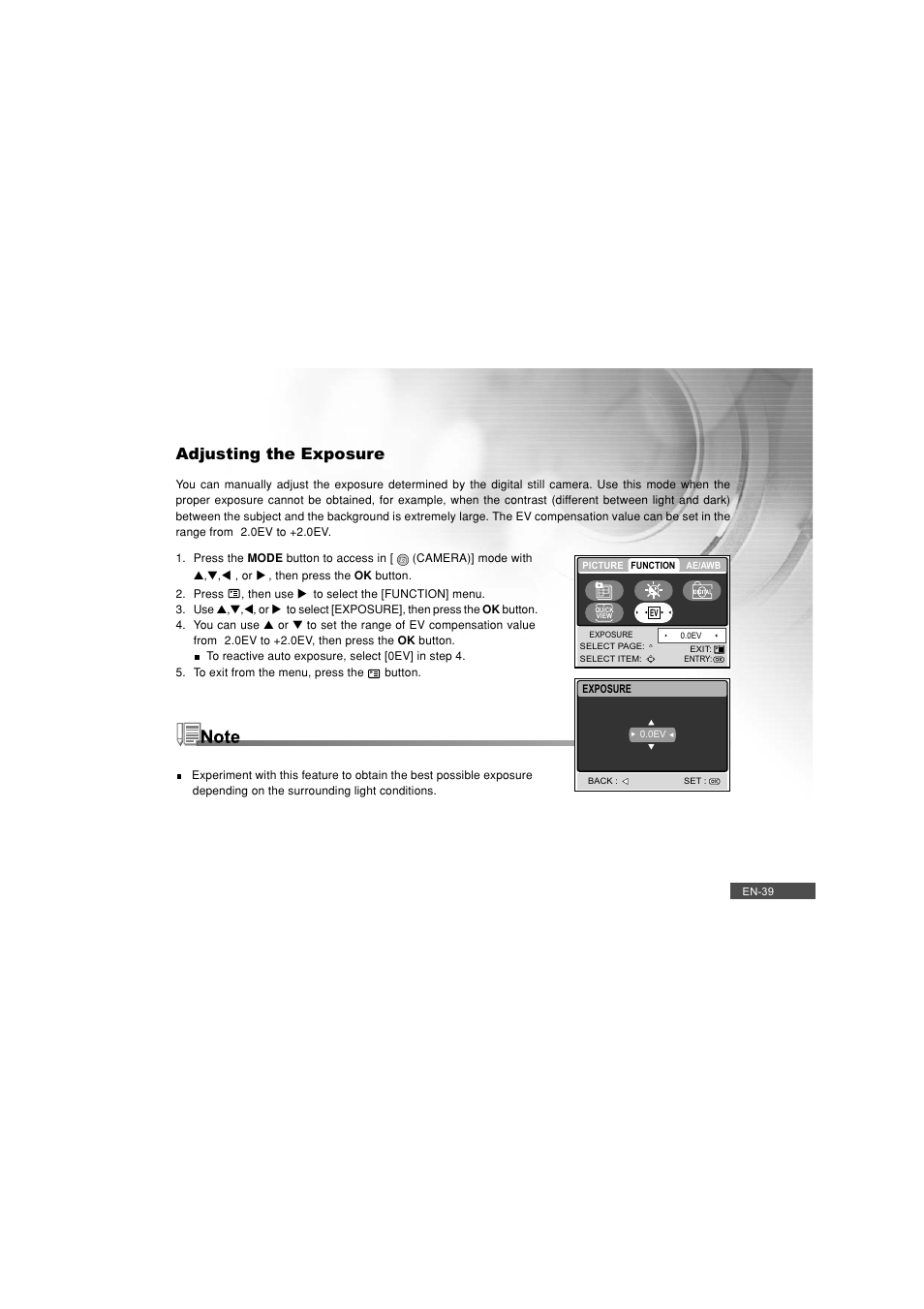 Adjusting the exposure | Pioneer DC500 User Manual | Page 39 / 110